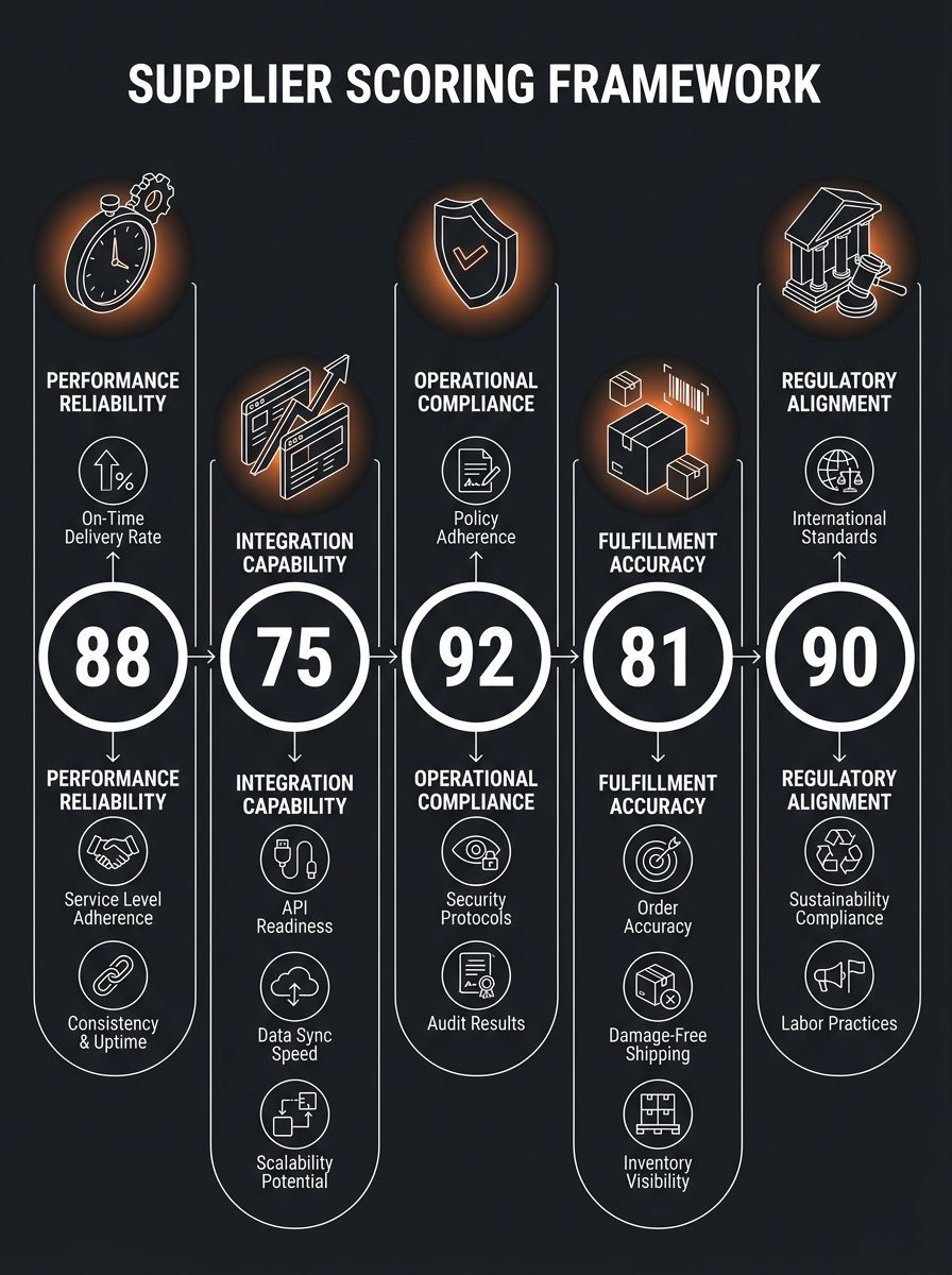 Infographic showing a supplier scoring framework with five columns - Performance Reliability, Integration Capability, Operational Compliance, Fulfillment Accuracy, and Regulatory Alignment - each with