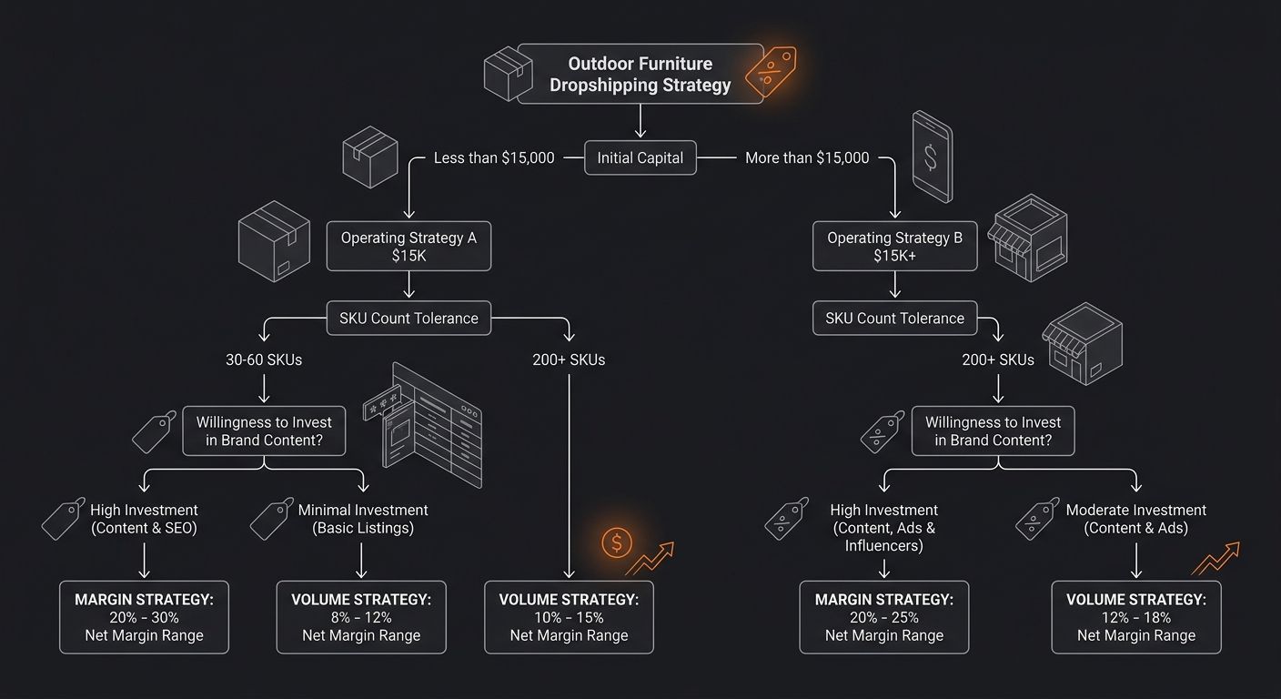 decision tree flowchart for outdoor furniture dropshippers showing branching paths based on available capital (above or below $15K), SKU count tolerance (30-60 vs 200+), willingness to invest in brand