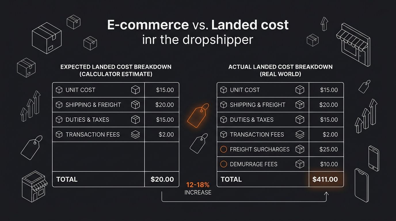 side-by-side comparison of a dropshipper's expected landed cost breakdown versus actual landed cost breakdown, showing how freight surcharges and demurrage fees inflate the real number by 12-18% beyon