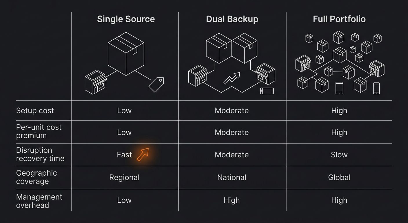 An infographic comparing three supplier models side by side—single source, dual backup, and full portfolio—showing metrics for setup cost, per-unit cost premium, disruption recovery time, geographic c