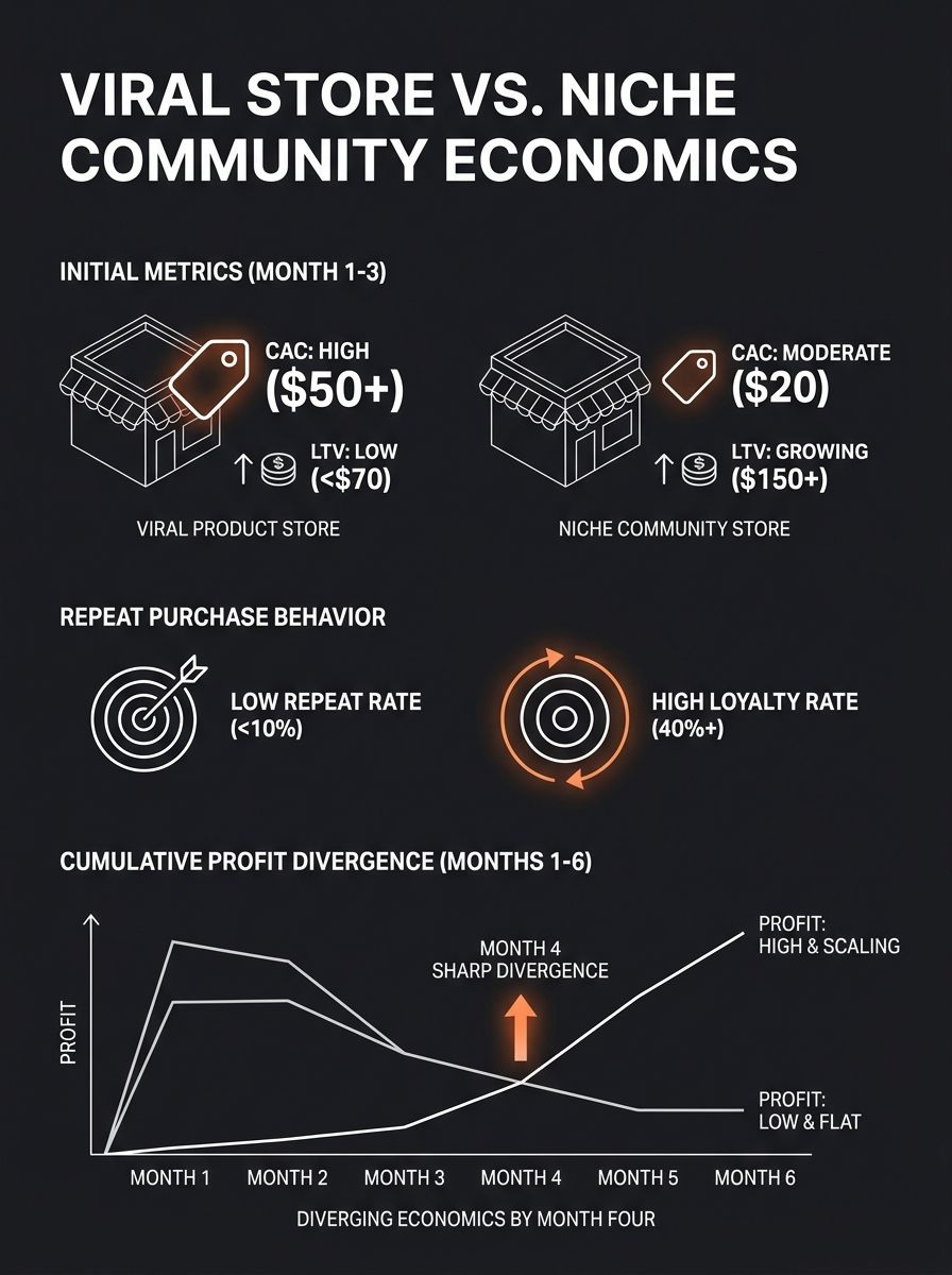 Infographic comparing the economics of a viral product store versus a niche community store over 6 months, showing CAC, LTV, repeat purchase rate, and cumulative profit diverging sharply by month four