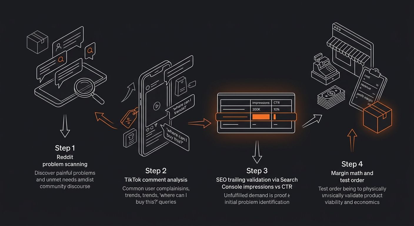 a flowchart showing the reverse indicator niche research process: Step 1 Reddit problem scanning, Step 2 TikTok comment analysis, Step 3 SEO trailing validation via Search Console impressions vs CTR, 