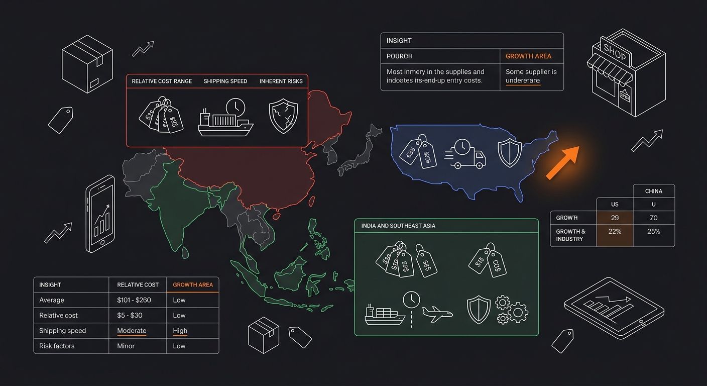 world map illustration highlighting three supplier diversification zones (China in red, US domestic in blue, India and Southeast Asia in green) with icons showing relative cost ranges, shipping speeds