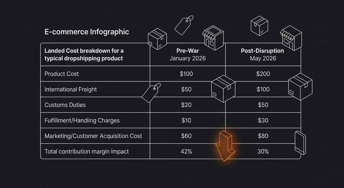 side-by-side comparison table showing pre-war January 2026 versus post-disruption May 2026 landed cost breakdown for a typical dropshipping product, with each cost component listed and total margin im