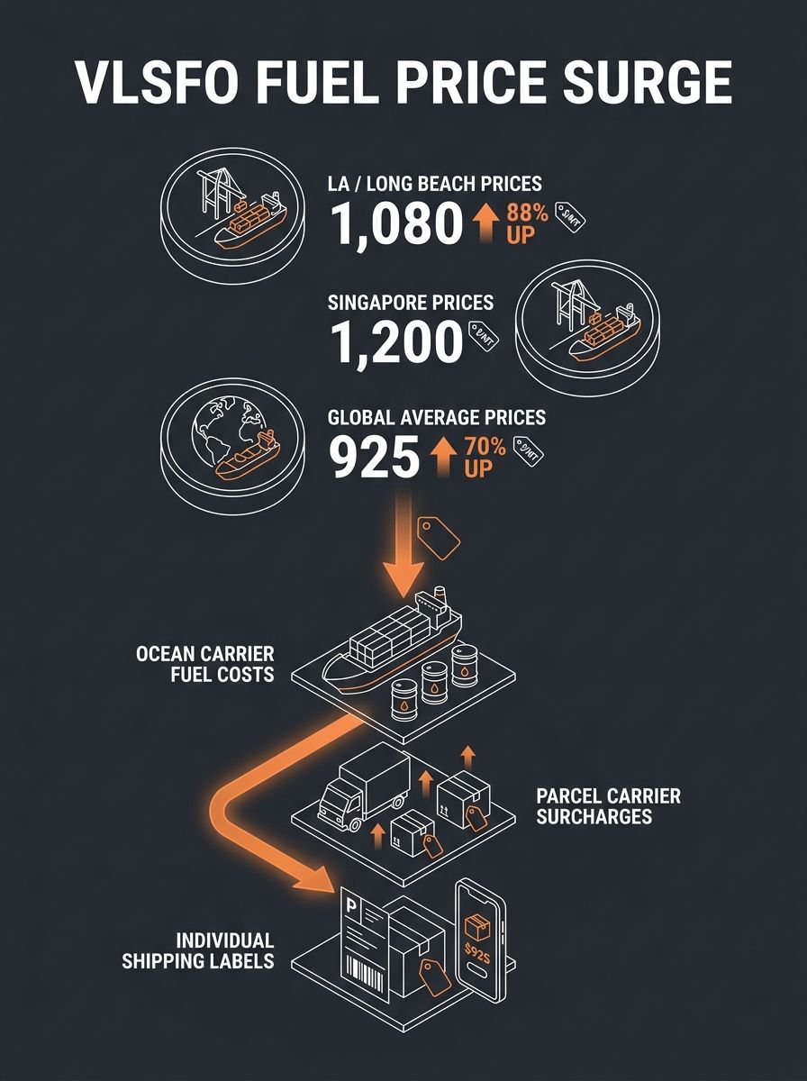 infographic showing VLSFO fuel price increases at major global ports - LA/Long Beach at $1,080 per metric ton (up 88%), Singapore at $1,200 per metric ton, global average at $925 per metric ton (up 70