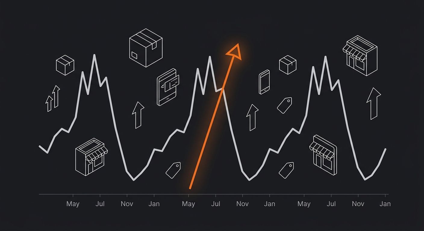 A line chart showing Google Trends data for "ice mold" across 3 years, with clearly repeating peaks in May-July and valleys in November-January, illustrating how true seasonal demand creates a recogni