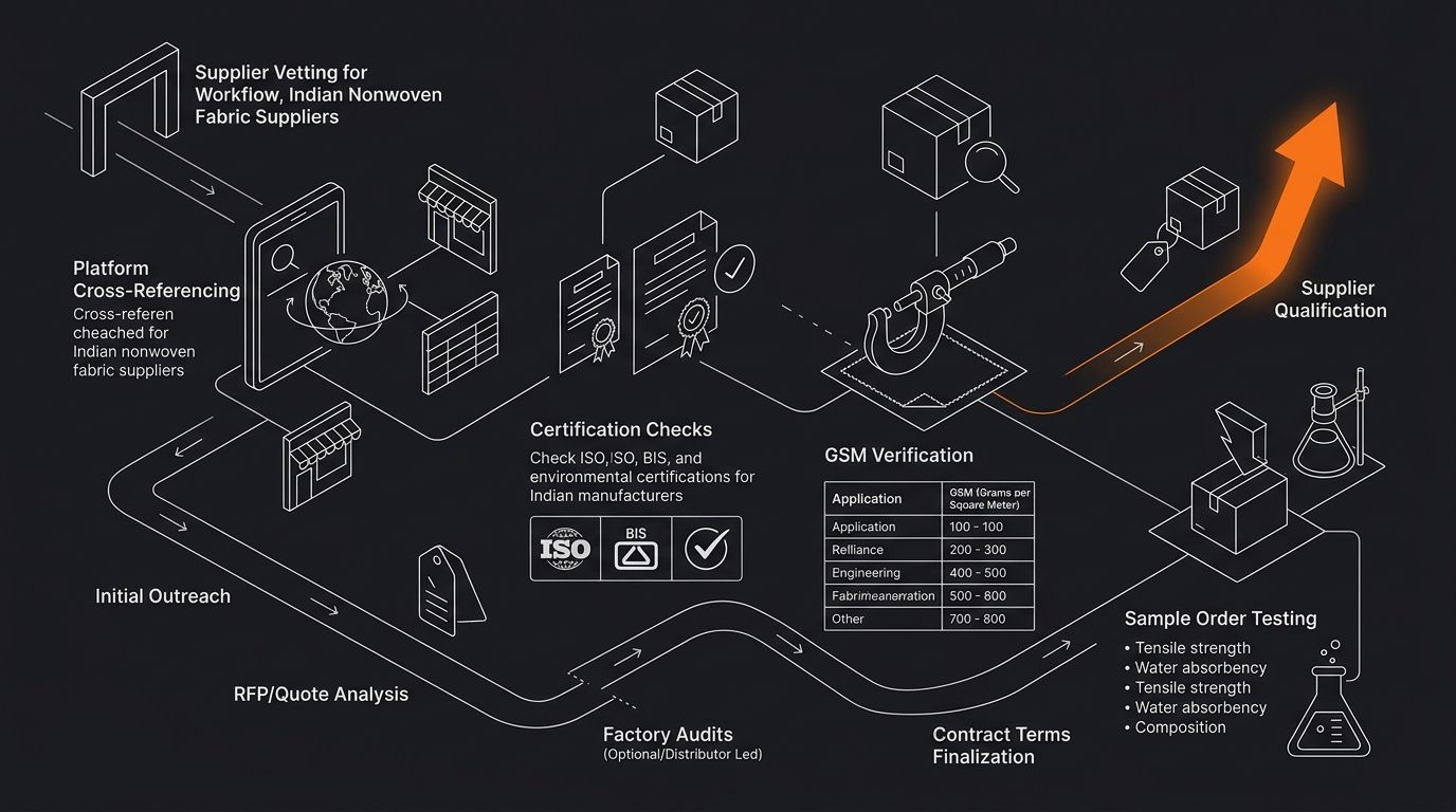 a detailed diagram showing the supplier vetting workflow for Indian nonwoven fabric suppliers, including steps for GSM verification, certification checks, sample order testing, and platform cross-refe