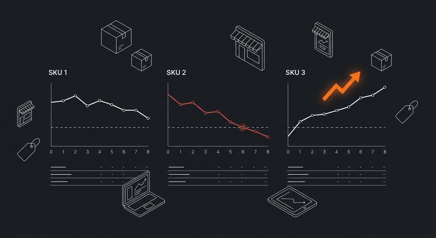 a dashboard-style illustration showing weekly margin tracking for three product SKUs, with trend lines displaying margin drift over 8 weeks, highlighting the point where one SKU drops below the profit