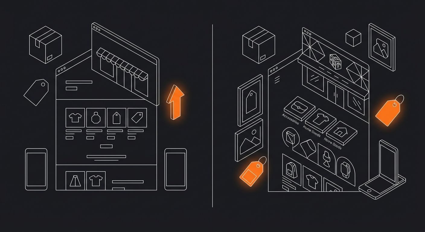 side-by-side comparison of a default Shopify Dawn theme store homepage versus a customized store with branded colors, custom logo, populated product categories, and professional photography