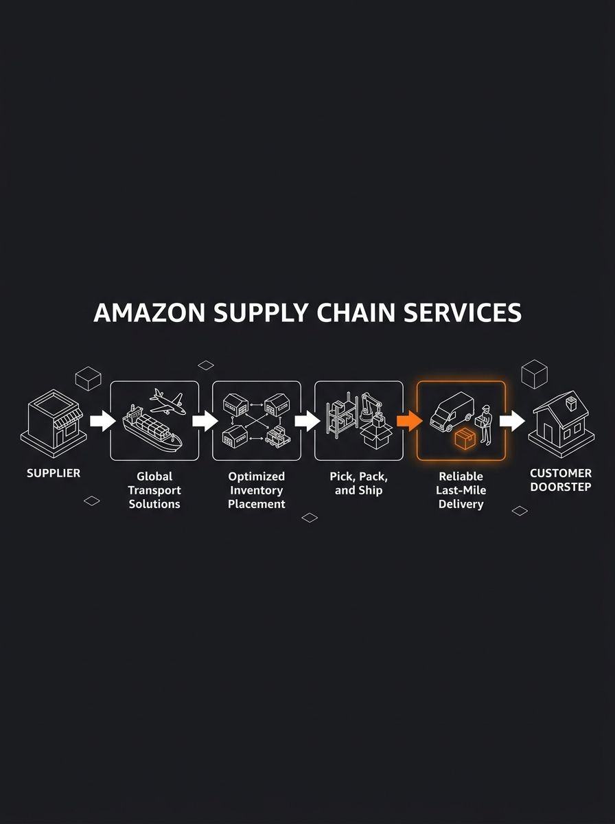 Infographic showing four components of Amazon Supply Chain Services — freight, distribution, fulfillment, parcel shipping — with icons and brief descriptions of each service, arranged in a horizontal 