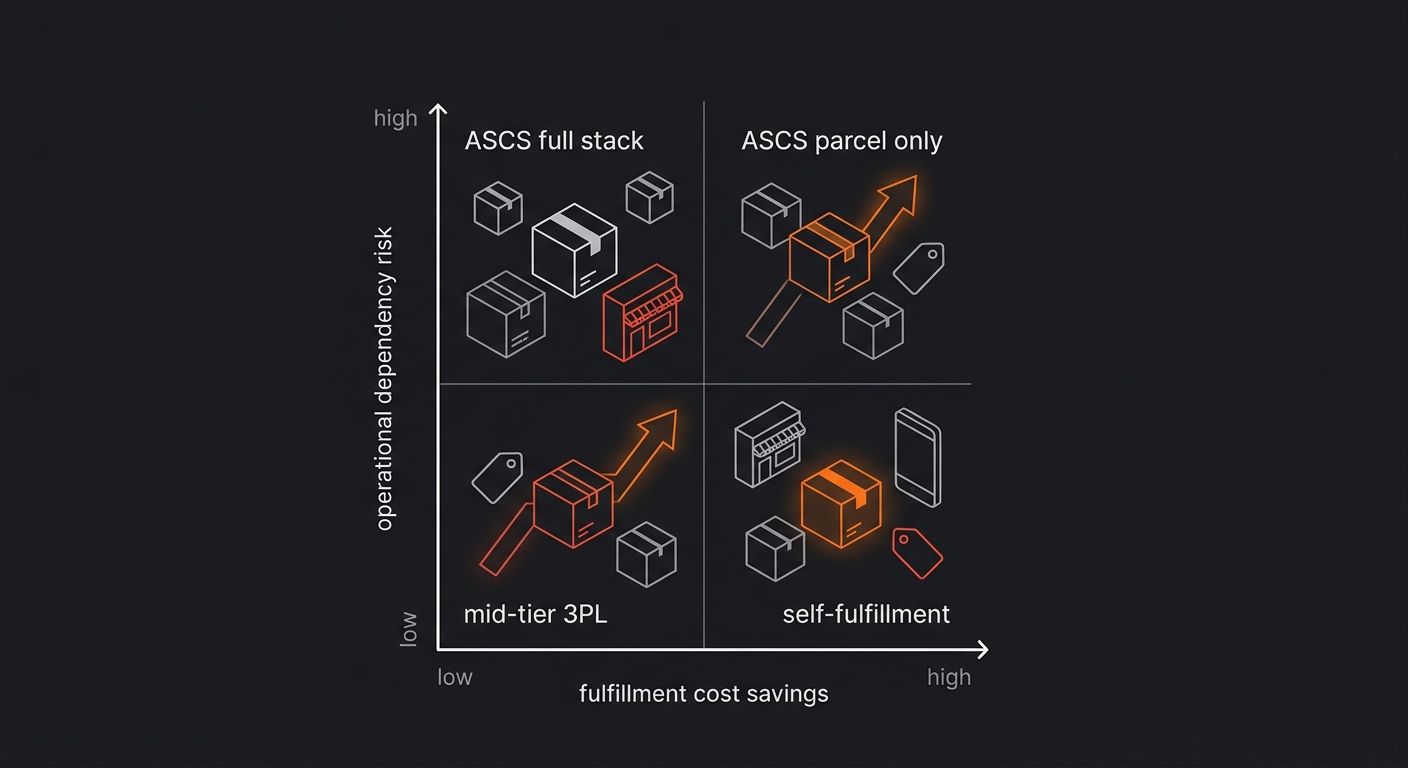 A decision matrix diagram with two axes — fulfillment cost savings (low to high) on the x-axis and operational dependency risk (low to high) on the y-axis — plotting ASCS full stack, ASCS parcel only,