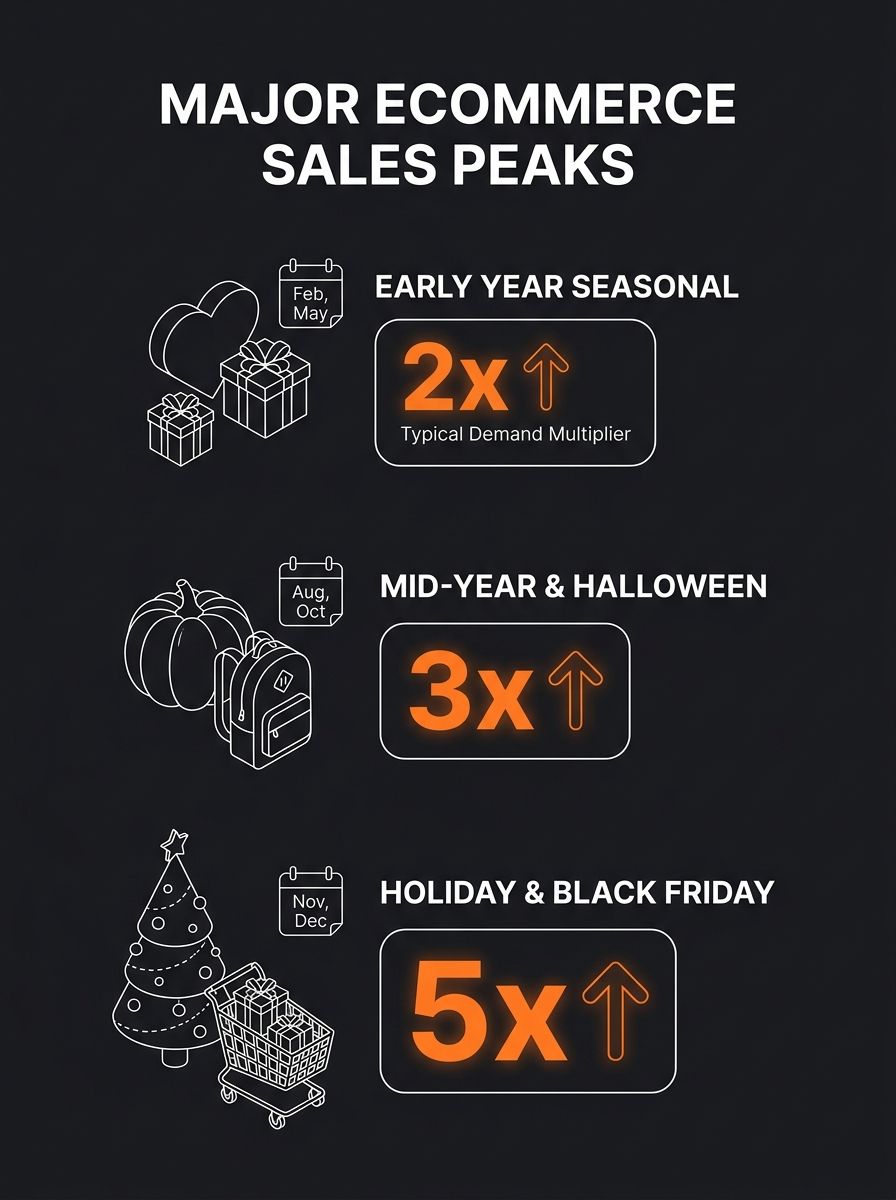 Infographic showing a 12-month calendar with major ecommerce sales dates marked, including Valentine's Day, Mother's Day, Back-to-School, Halloween, Black Friday, and Christmas, with annotations showi