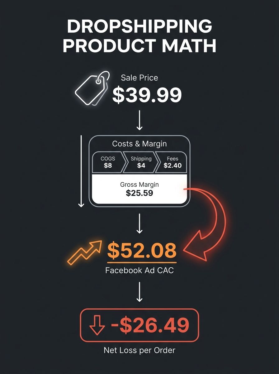 infographic showing the math breakdown of a $39.99 dropshipping product with columns for COGS at $8, shipping at $4, platform fees at $2.40, gross margin at $25.59, Facebook ad CAC at $52.08, and the 