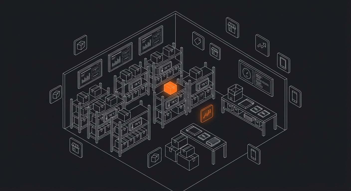 A temperature-controlled fulfillment warehouse interior showing climate monitoring displays on walls, cool-pack packaging stations with gel packs and insulated mailers, and organized shelving with vis