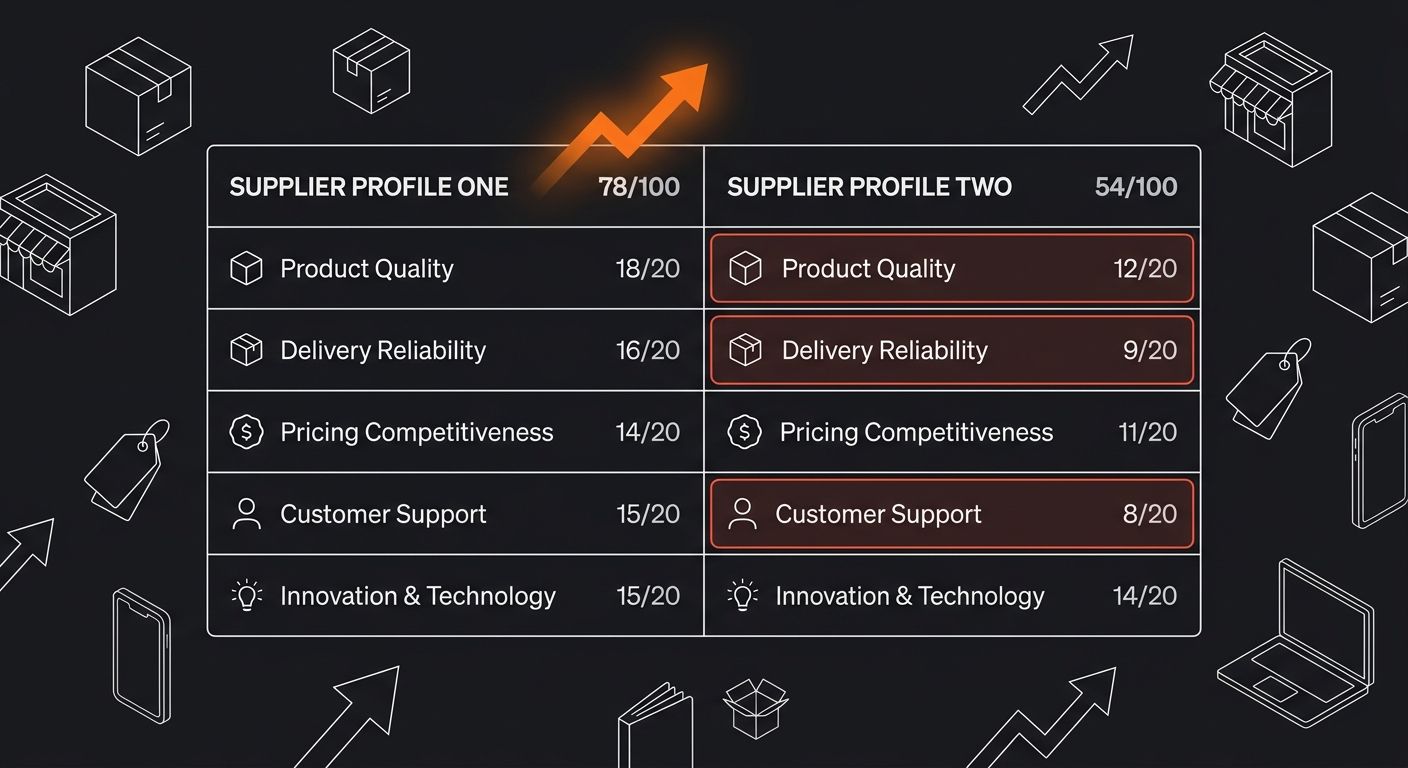 A comparison table showing two supplier profiles side by side with scores across the five evaluation categories, one scoring 78/100 and one scoring 54/100, with red highlighting on the lower-scoring s
