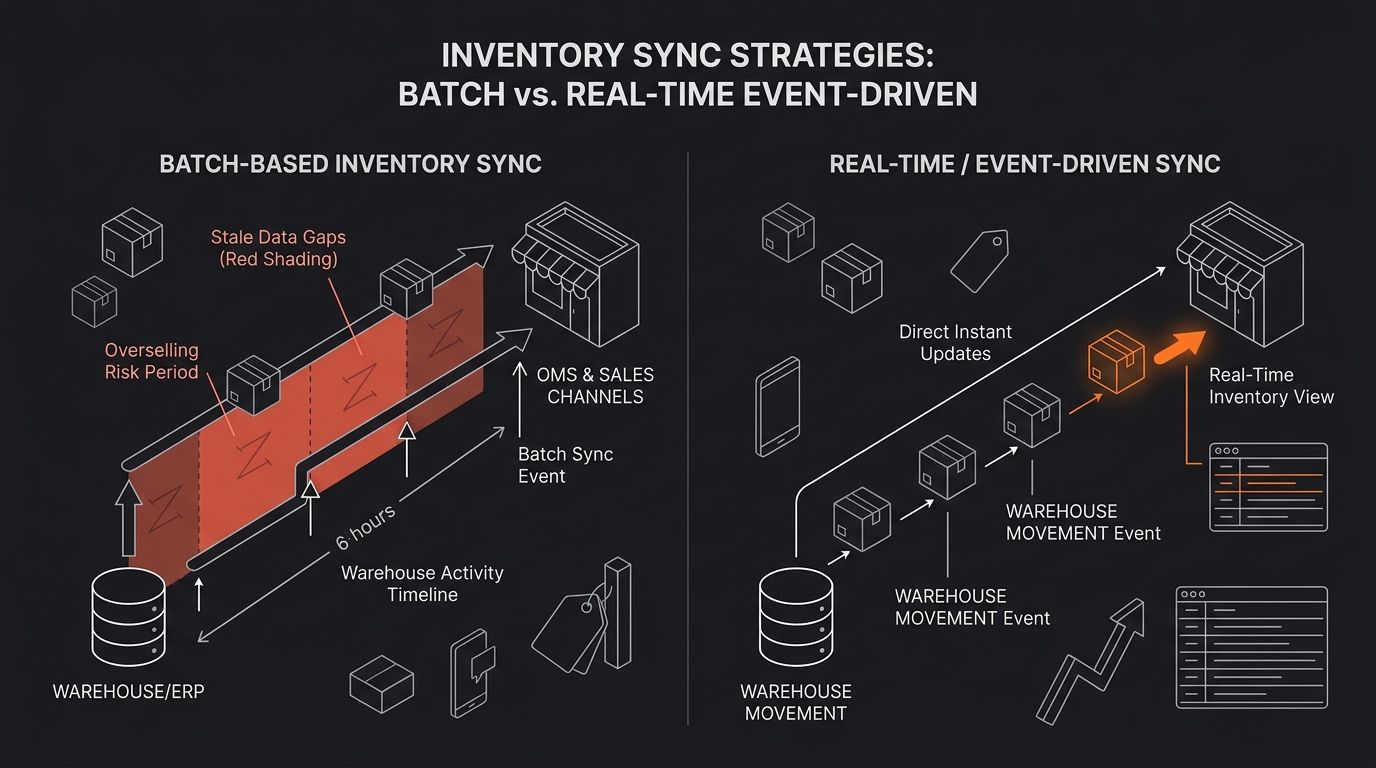 Diagram comparing batch-based inventory sync (showing stale data gaps over a 6-hour cycle) versus real-time event-driven sync (showing instant updates on each warehouse movement), with overselling ris