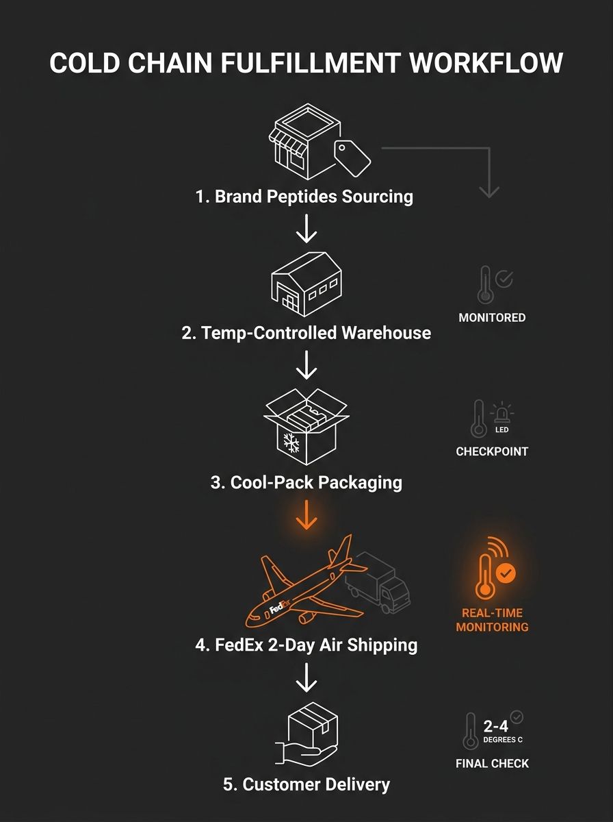 Infographic showing the cold chain fulfillment workflow from brand sourcing peptides through temperature-controlled warehouse storage, cool-pack packaging, FedEx 2-Day Air shipping, to customer delive