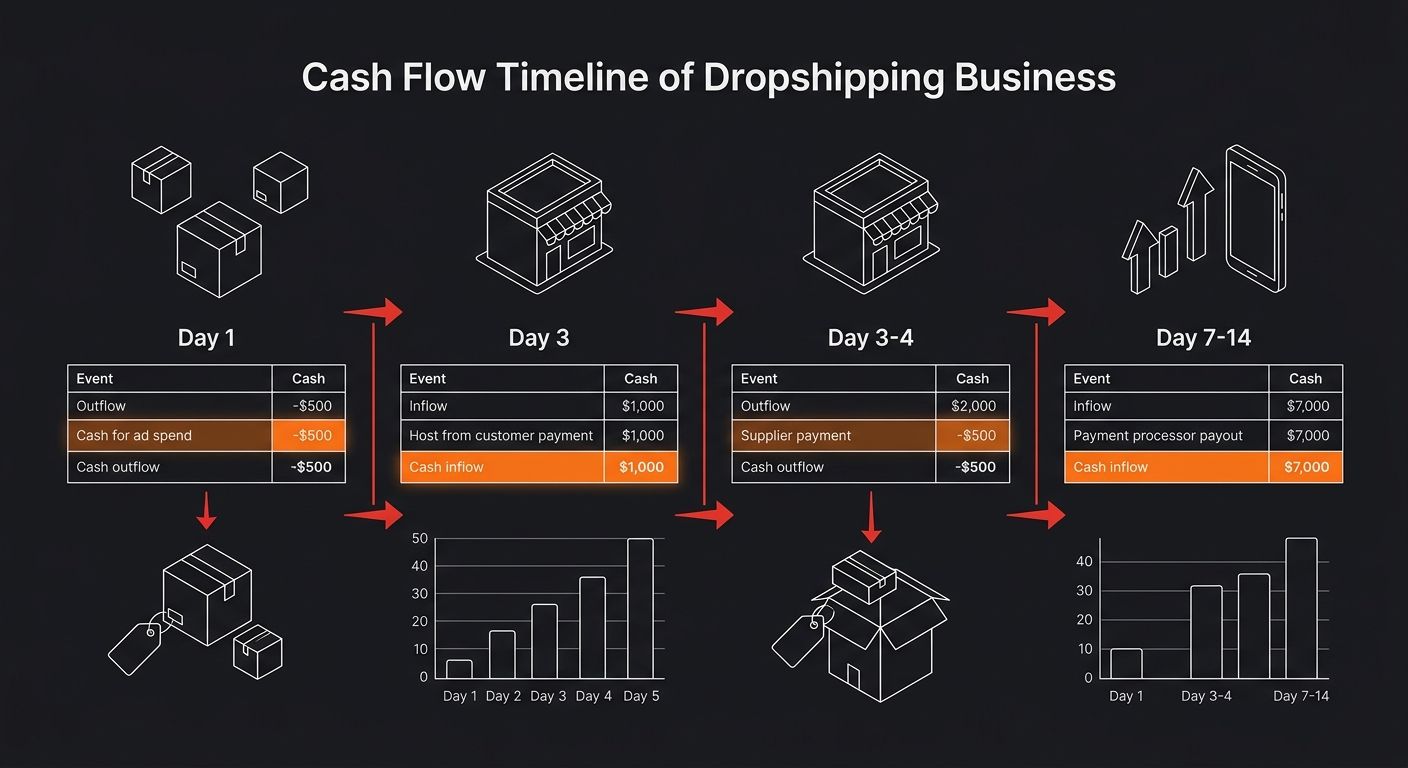 Diagram showing cash flow timeline for a dropshipping order with Day 1 ad spend flowing out, Day 3 customer payment received, Day 3-4 supplier payment due, Day 7-14 processor payout arriving, with red