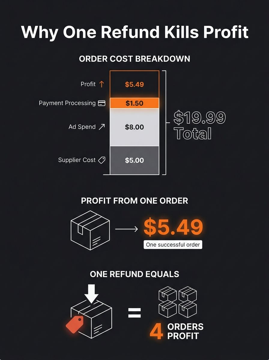 infographic showing a $19.99 product cost breakdown with supplier cost, ad spend, payment processing, and return cost layers, illustrating how a single refund erases profit from multiple successful or