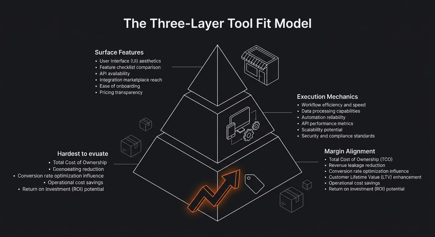 A three-layer pyramid diagram labeled The Three-Layer Tool Fit Model with Surface Features at the top as the smallest and easiest-to-compare layer, Execution Mechanics in the middle, and Margin Alignm