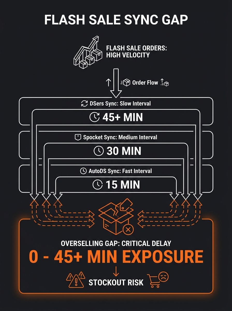 Infographic showing a timeline of sync intervals across DSers, Spocket, and AutoDS compared to order velocity during a flash sale, illustrating the gap where overselling occurs