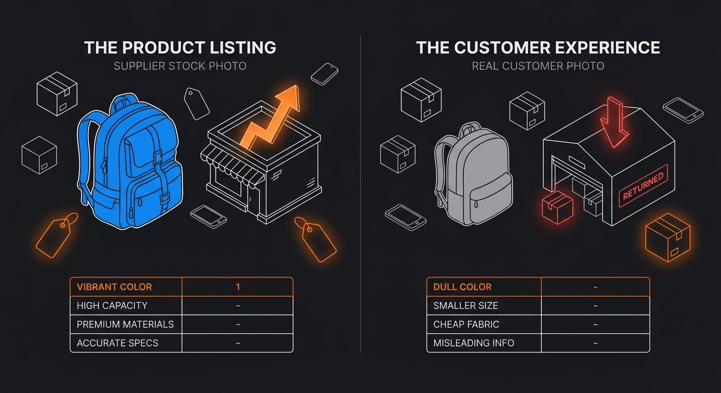 side-by-side comparison of a supplier stock photo showing a vibrant blue backpack versus a real customer photo of the same product appearing dull and smaller, illustrating why product listing accuracy