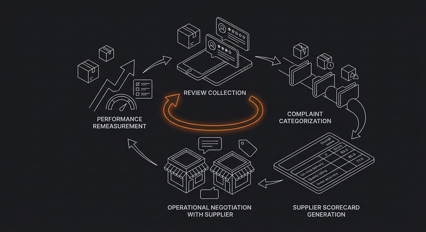 diagram showing a closed-loop feedback cycle for dropshipping operations with five connected stages - review collection, complaint categorization, supplier scorecard generation, operational negotiatio