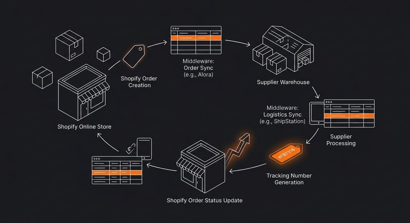 Diagram showing the data flow loop from Shopify order creation through supplier processing, tracking number generation, and back to Shopify order status update, with labeled middleware tools at each c