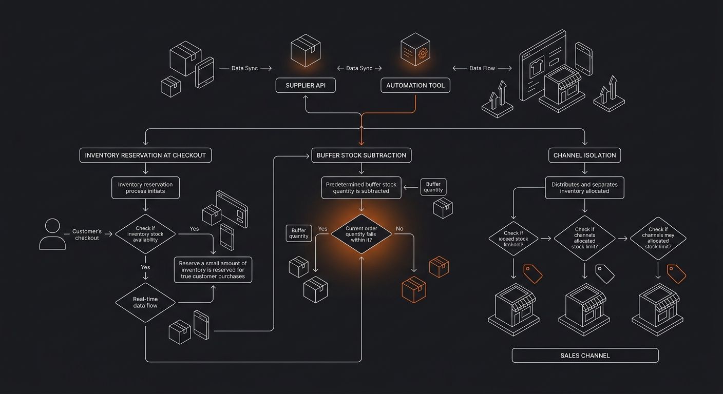 A flowchart diagram showing three overselling prevention mechanisms—inventory reservation at checkout, buffer stock subtraction, and channel isolation—with decision points and data flow between suppli