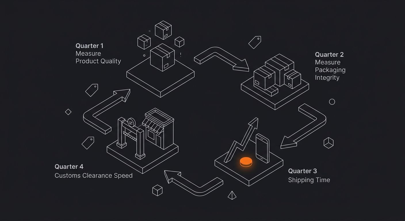 a simple diagram showing a quarterly test order cycle with four checkpoints across a year, each listing what to measure: product quality, packaging integrity, shipping time, and customs clearance spee