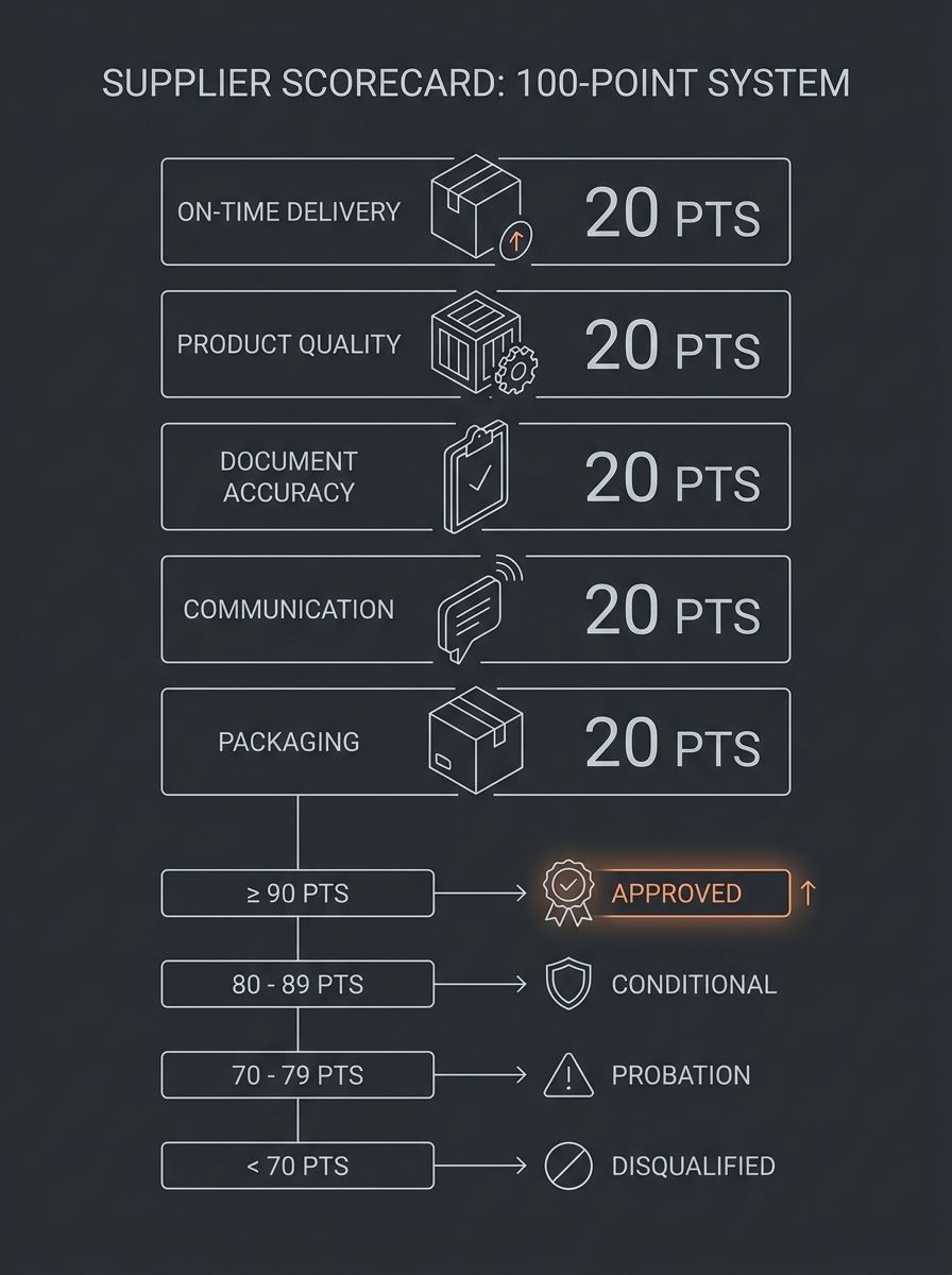 Infographic showing a 100-point supplier scorecard broken into five 20-point categories (On-Time Delivery, Product Quality, Document Accuracy, Communication, Packaging) with score thresholds and corre
