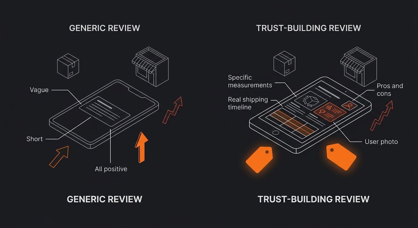Side-by-side comparison of a generic dropshipping product review (vague, short, all positive) versus a trust-building product review (specific measurements, real shipping timeline, pros and cons, user