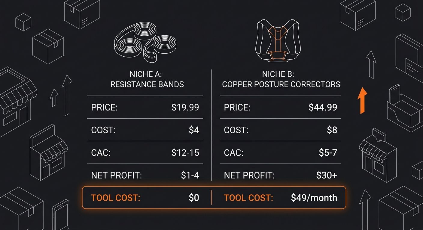 side-by-side margin comparison table showing Niche A (resistance bands) with $19.99 price, $4 cost, $12-15 CAC, $1-4 net profit versus Niche B (copper posture correctors) with $44.99 price, $8 cost, $
