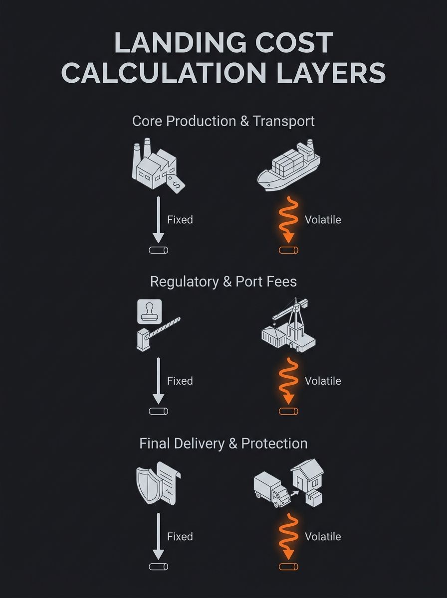infographic showing the five to eight cost layers of a landed cost calculation — product cost, ocean freight, air freight surcharge, customs duties, insurance, port handling fees, demurrage charges, a