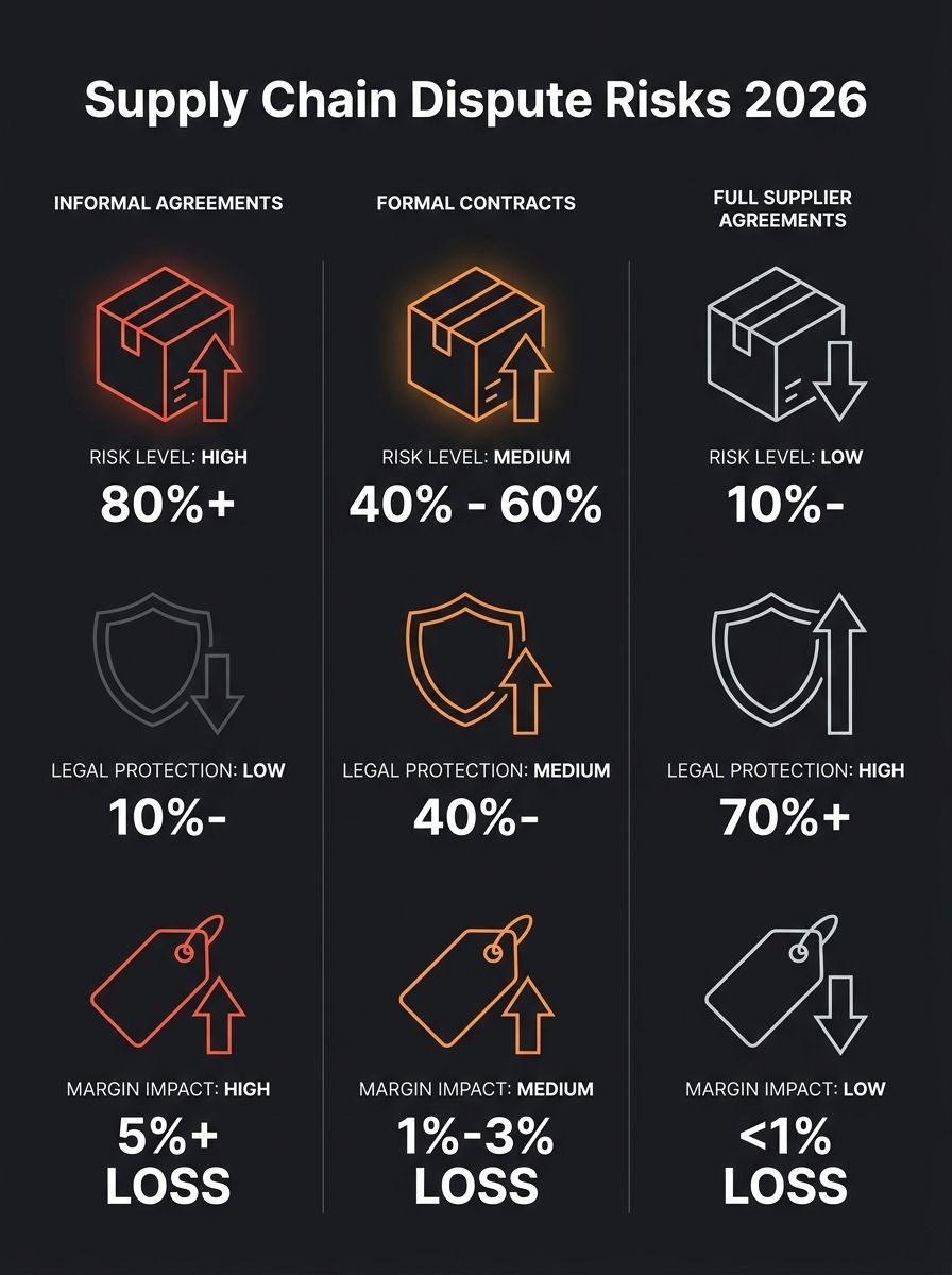infographic showing the progression of supply chain dispute risks in 2026, with three columns comparing informal agreements vs. formal contracts vs. full supplier agreements, showing risk level, legal
