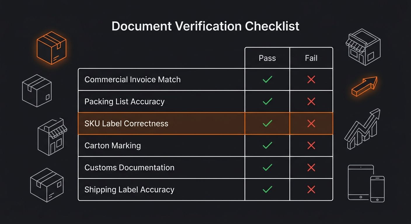 A checklist-style visual showing six document verification items (commercial invoice match, packing list accuracy, SKU label correctness, carton marking, customs documentation, shipping label accuracy