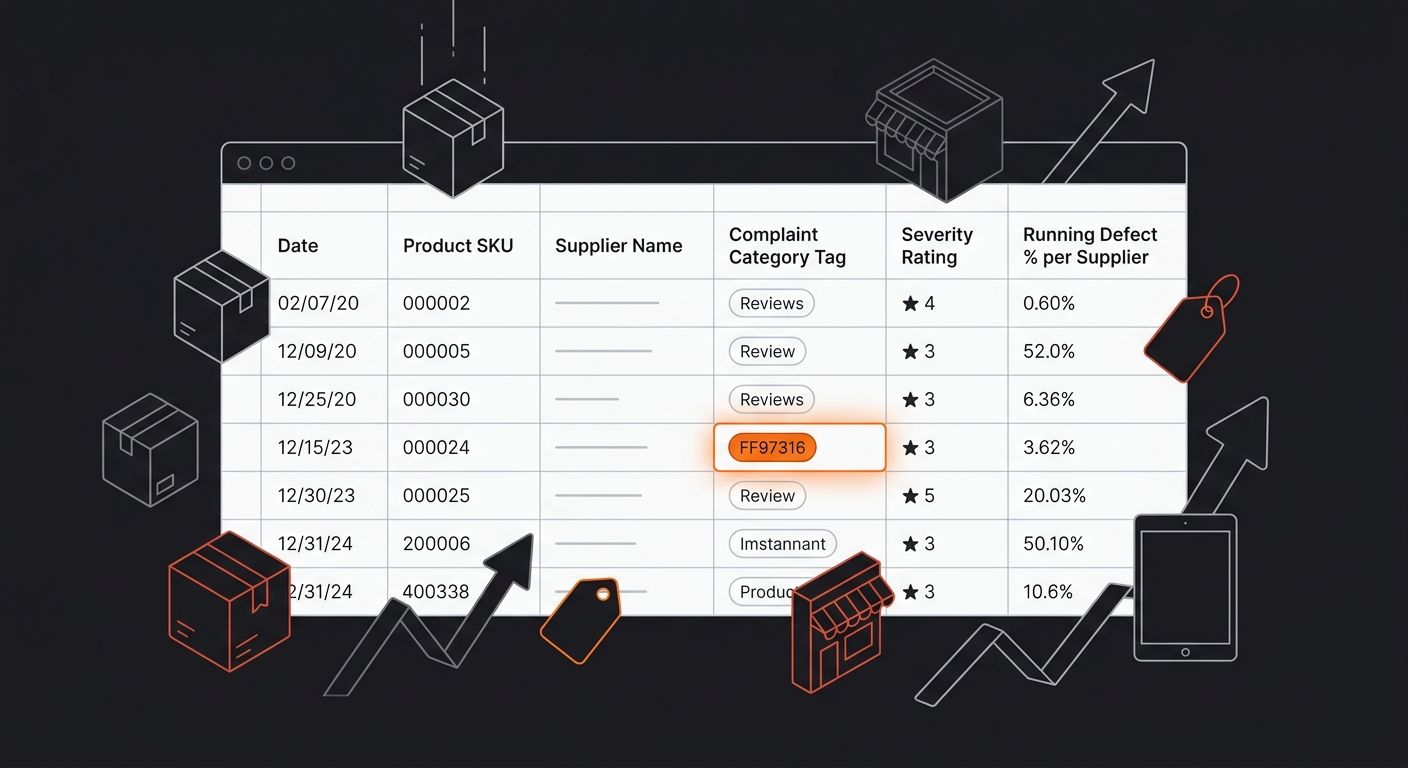 screenshot-style illustration of a spreadsheet with review complaint categorization showing columns for date, product SKU, supplier name, complaint category tag, severity rating, and running defect pe