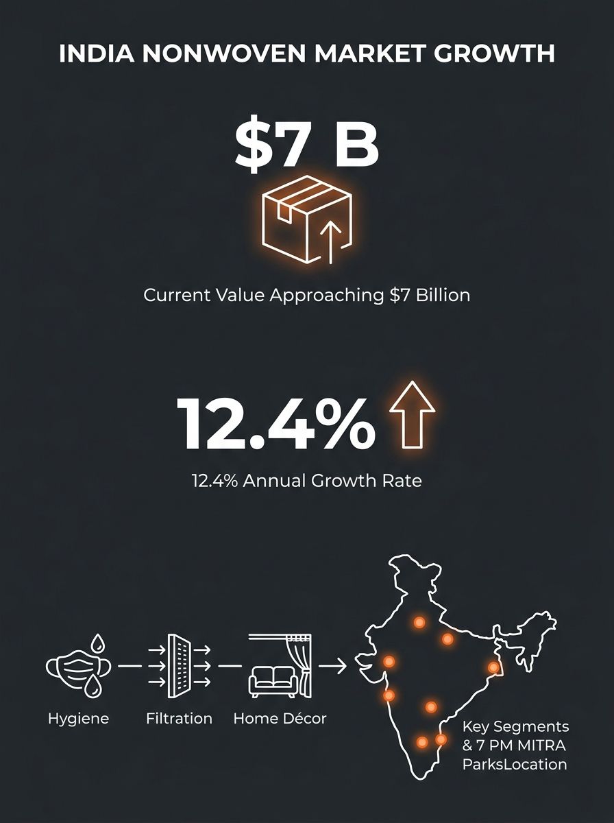 infographic showing India's nonwoven fabric market growth from current value approaching $7 billion, with data points for 12.4% annual growth rate, key product segments like hygiene, filtration, and h