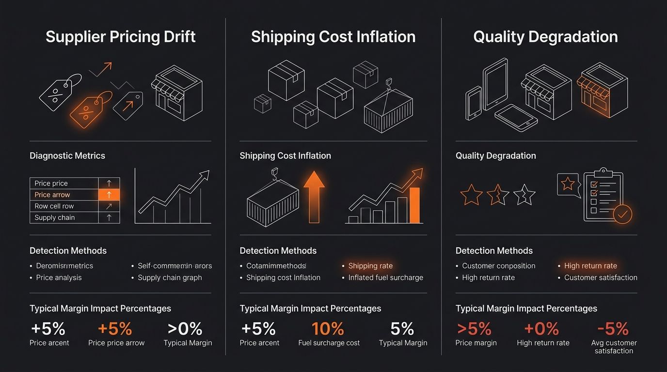 infographic comparing three parallel columns labeled "Supplier Pricing Drift," "Shipping Cost Inflation," and "Quality Degradation" — each column showing specific diagnostic metrics, detection methods