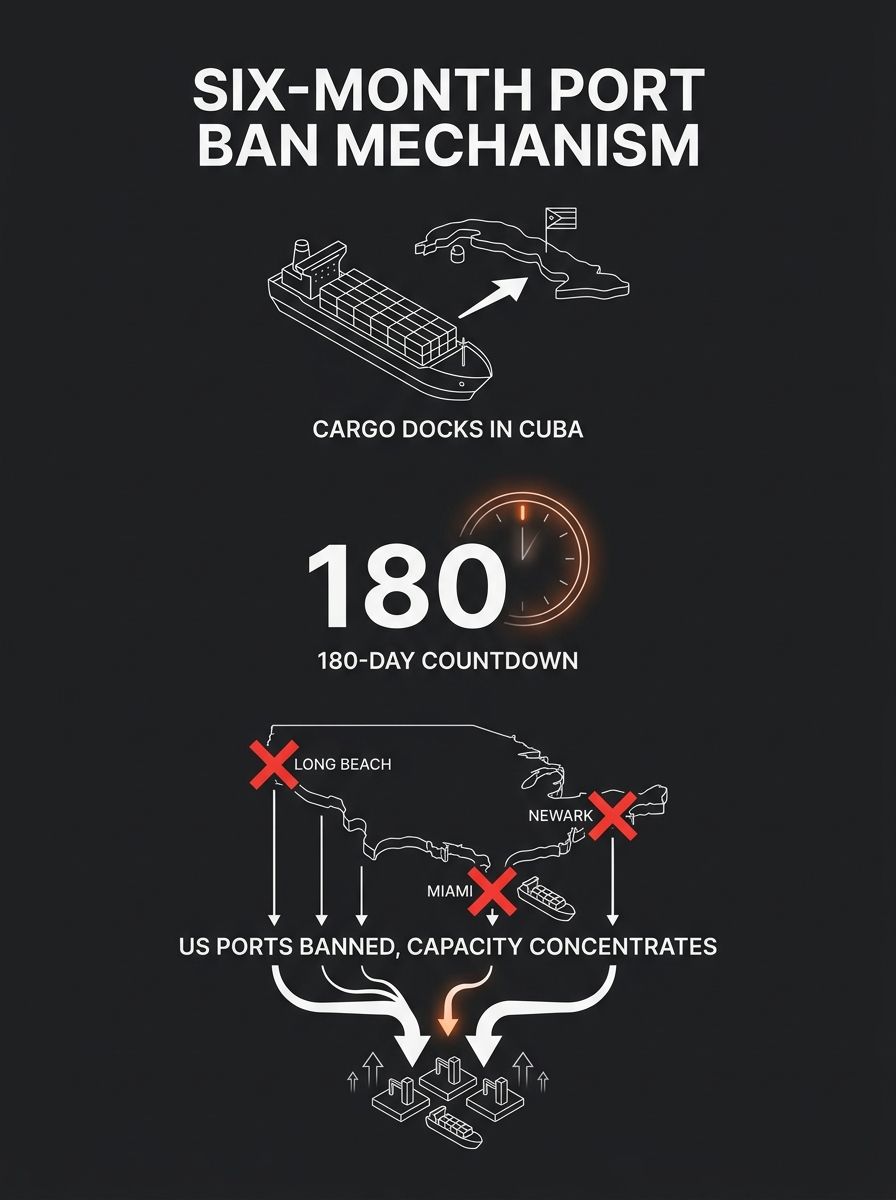 Infographic showing the six-month port ban mechanism — a cargo ship docking at a Cuban port, then a 180-day countdown clock, then a red X over U.S. ports like Miami, Long Beach, and Newark, with arrow