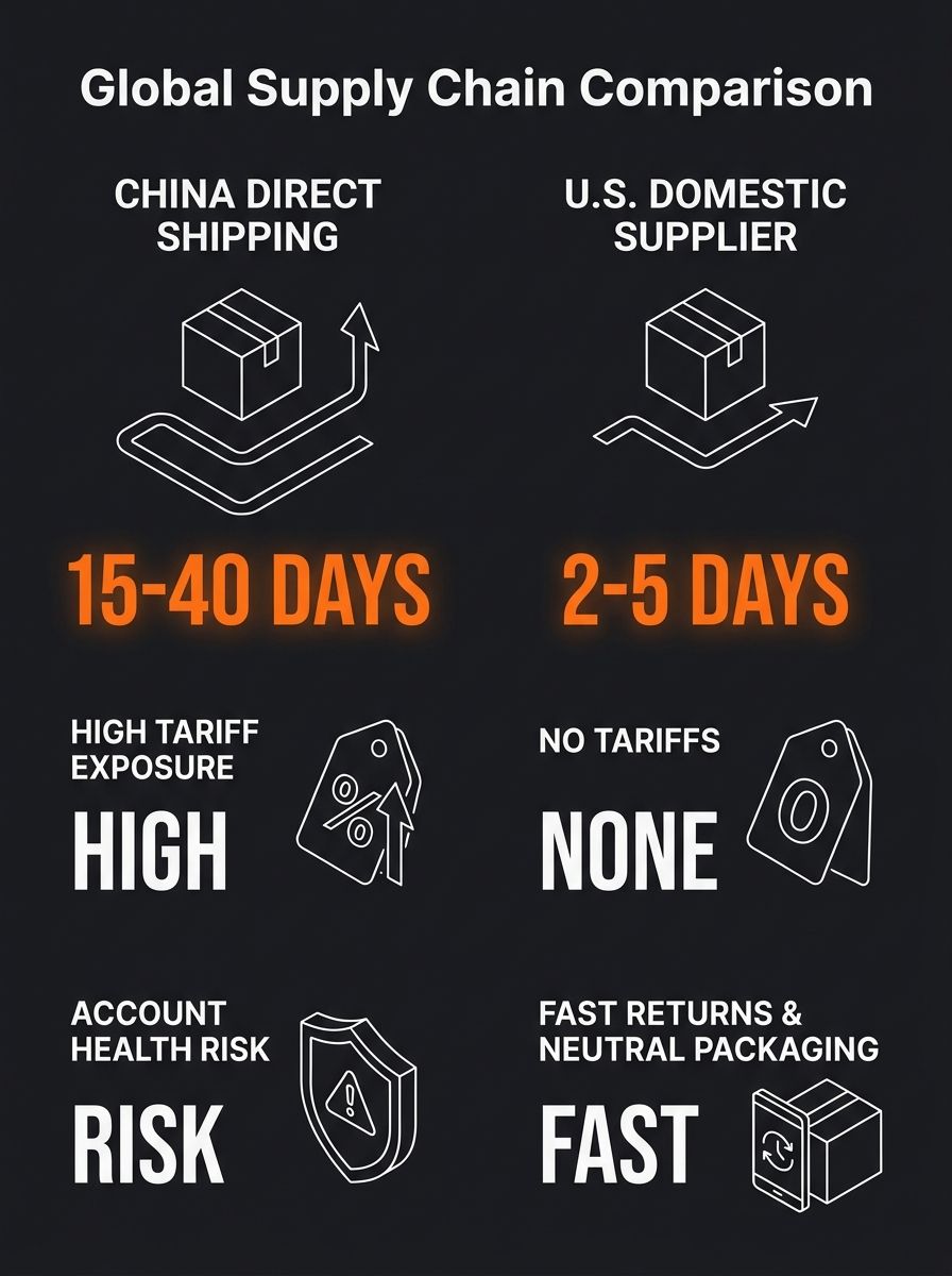 infographic comparing China direct shipping (15-40 days, high tariff exposure, compliance risk) versus U.S. domestic supplier shipping (2-5 days, no tariffs, neutral packaging) with metrics like deliv
