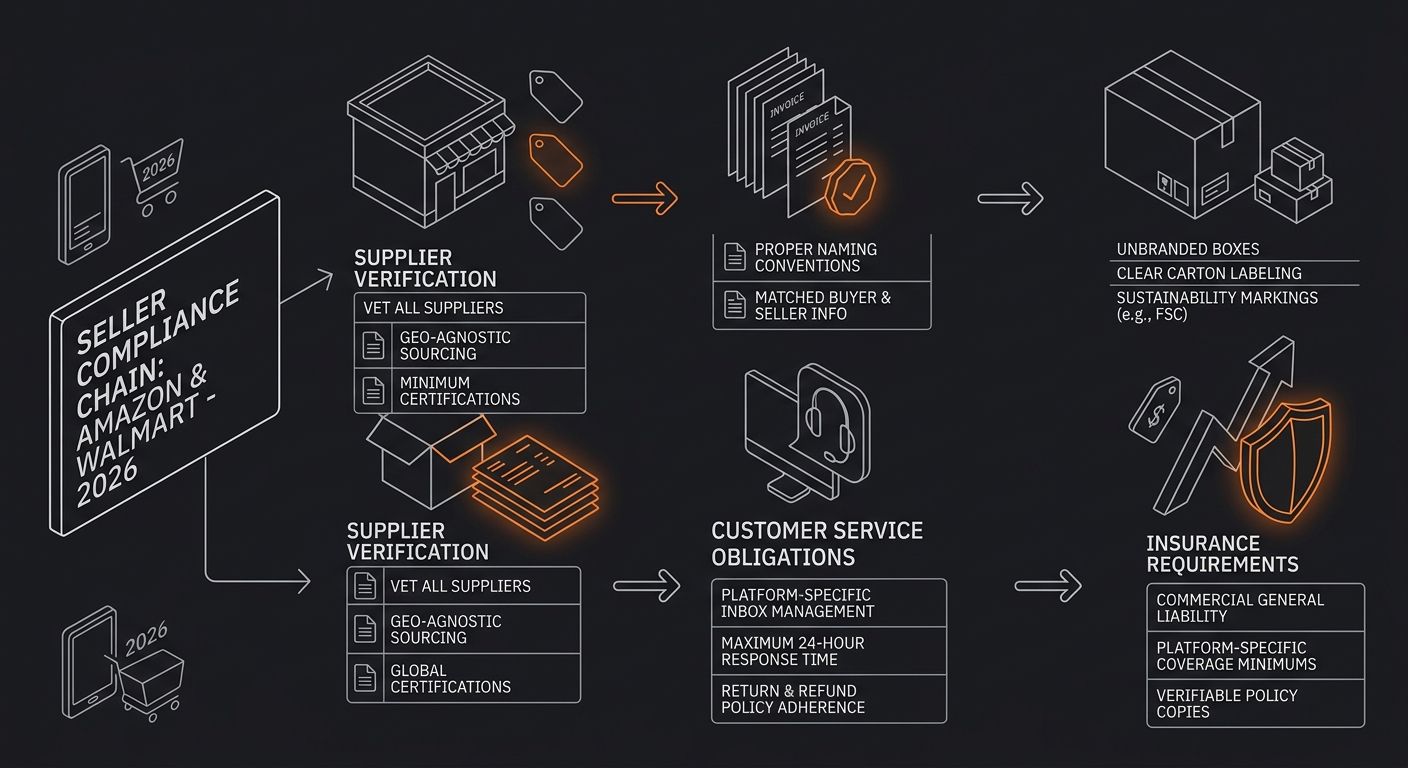 a flowchart showing the compliance requirements chain for selling on Amazon and Walmart in 2026, including supplier verification, invoice documentation, neutral packaging, customer service obligations
