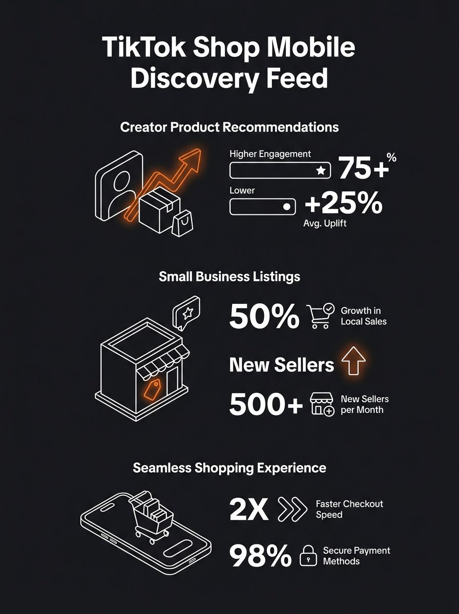 TikTok Shop mobile interface showing product discovery feed with creator recommendations and small business listings