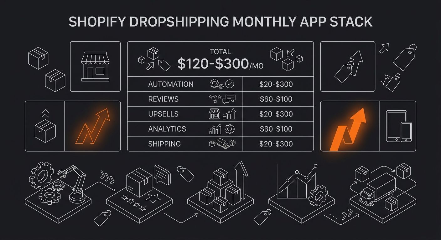 A dashboard-style visual showing a typical Shopify dropshipping store's monthly app stack — listing common app categories like automation, reviews, upsells, analytics, and shipping — with monthly cost