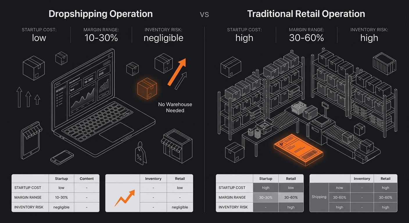 Side-by-side visual comparison of a dropshipping operation (laptop with store dashboard, no warehouse needed) versus a traditional retail operation (warehouse shelves, inventory boxes, shipping statio