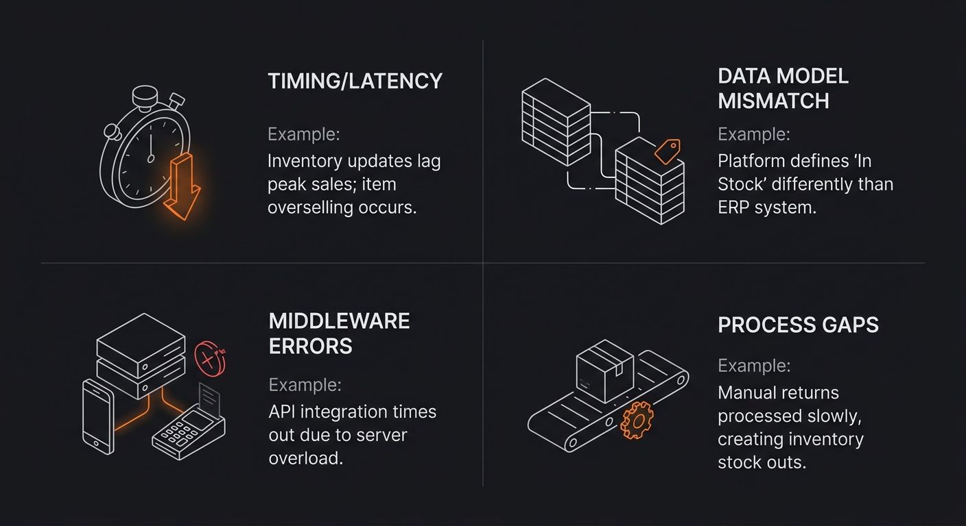 A 2x2 grid diagram showing four inventory sync failure categories, labeled Timing/Latency, Data Model Mismatch, Middleware Errors, and Process Gaps, each with an icon and a one-line real-world example