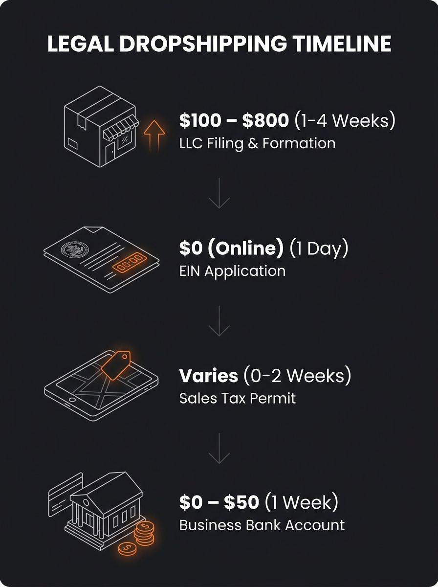 Infographic showing the step-by-step legal registration timeline for a new dropshipping business, including LLC filing, EIN application, sales tax permit, and business bank account setup with estimate