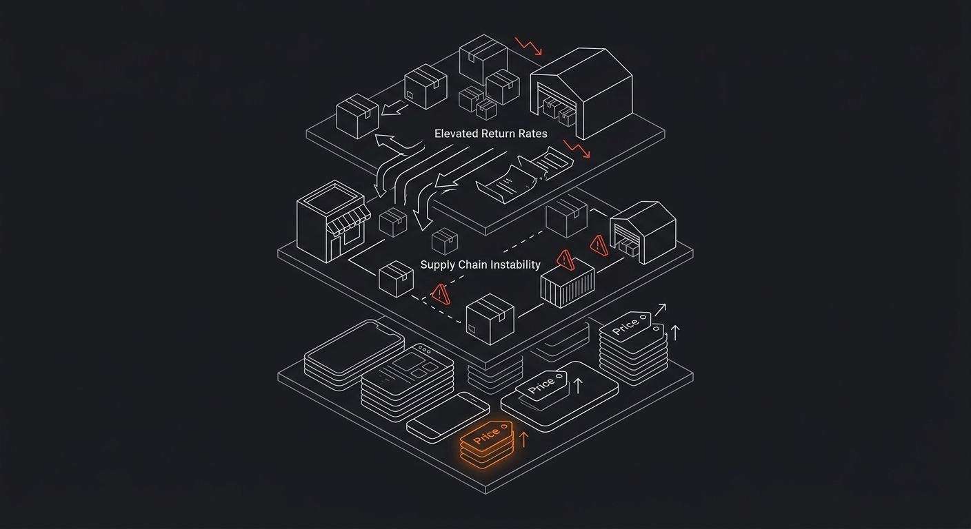 Illustration showing three hidden cost layers that erode high-margin dropshipping products: elevated return rates, supply chain instability, and excessive app subscription stacking