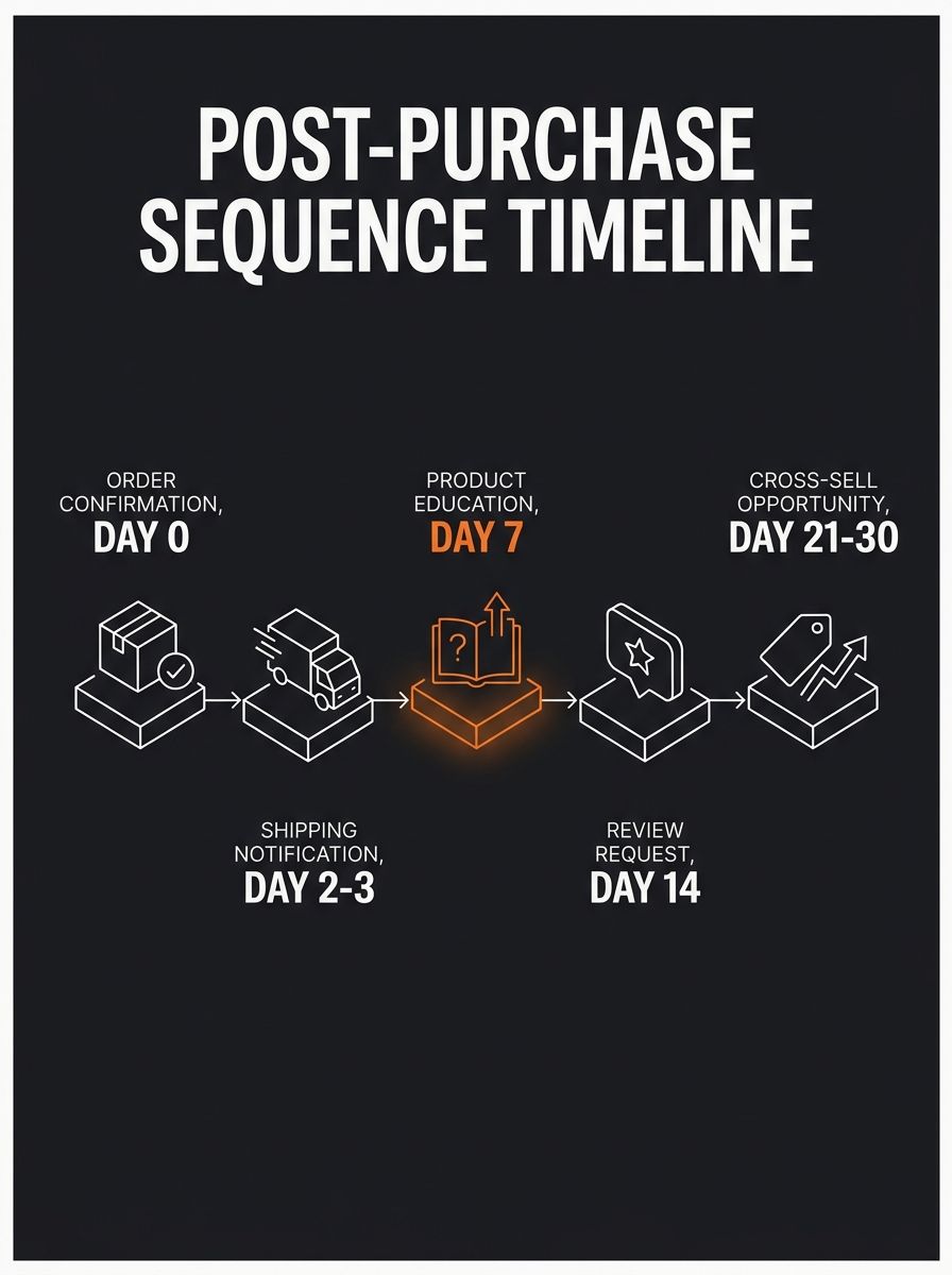 infographic showing a 5-email post-purchase sequence timeline from day 0 to day 30, with each email's purpose labeled at day 0, day 2-3, day 7, day 14, and day 21-30 along a horizontal timeline with i