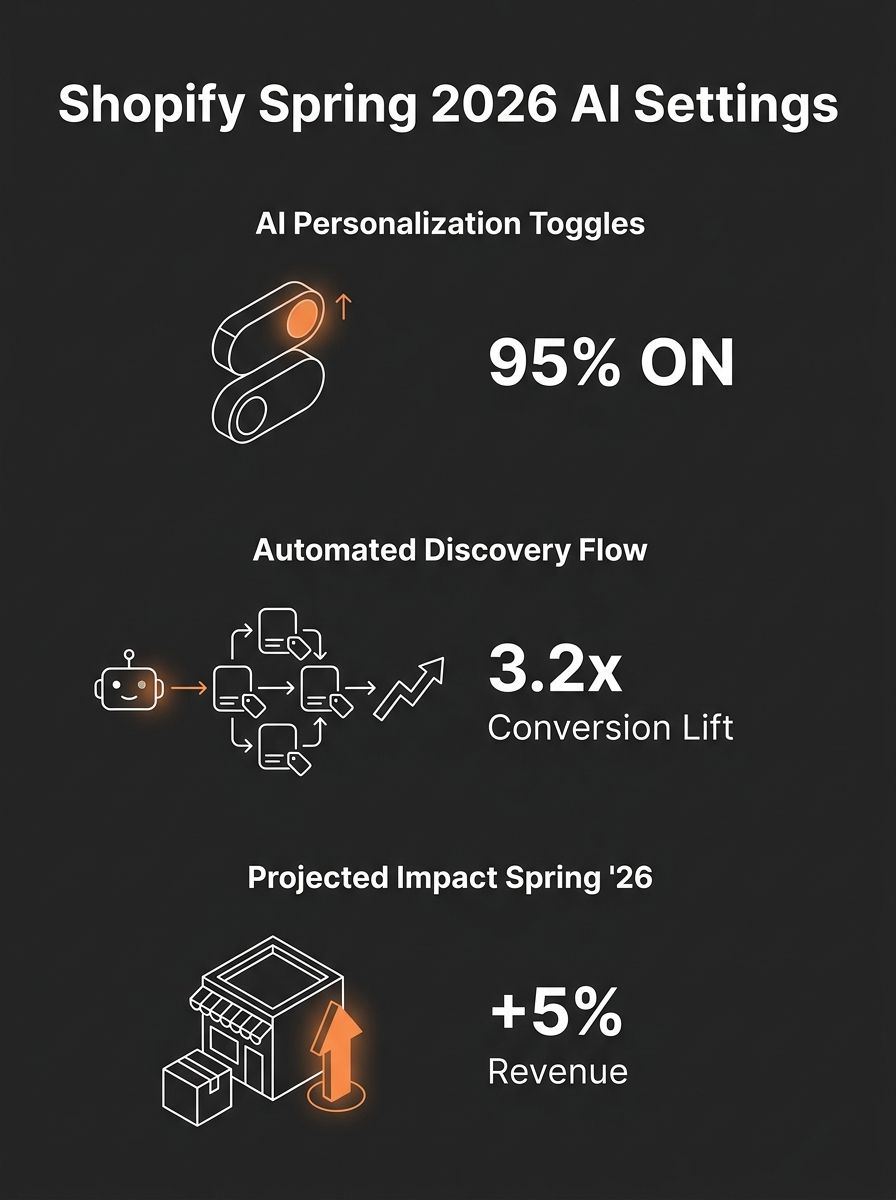 Shopify admin dashboard showing Spring 2026 AI shopping settings and product discovery automation toggles